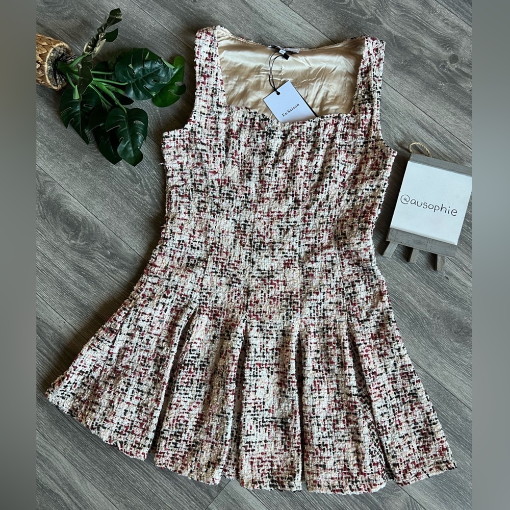 En Saison Everleigh Tweed Boucle Metallic Pleated Sleeveless mini dress L NWT - Picture 5 of 16